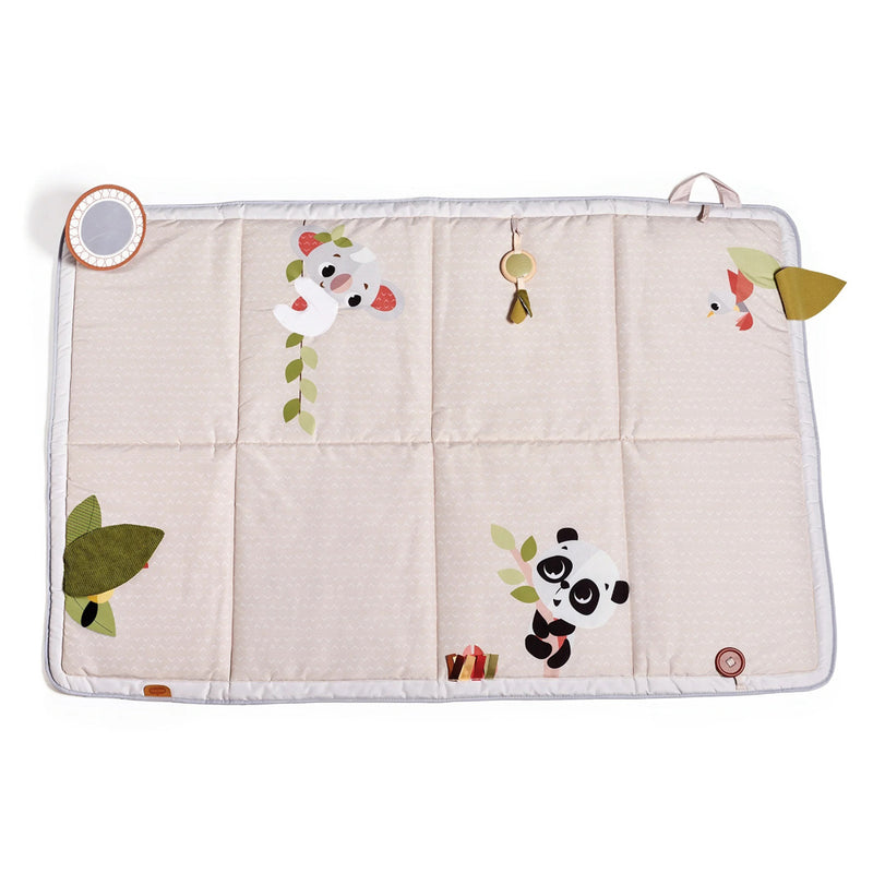 The Tiny Love Boho Chic Super Mat by Tiny Love is a rectangular beige baby play mat with panda and koala designs, a small mirror, hanging toys, and leaf-shaped corners to aid motor skills and cognitive development.