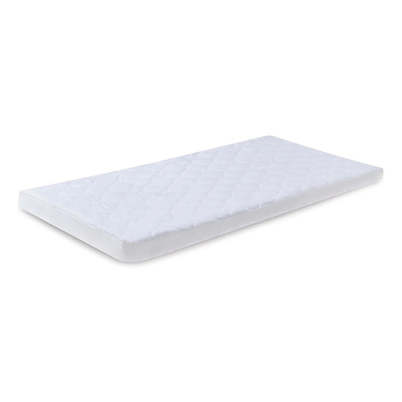 The Boori Cradle Fitted Mattress Protector by Boori is a thin, rectangular white topper with a quilted pattern, shown on a plain white background.