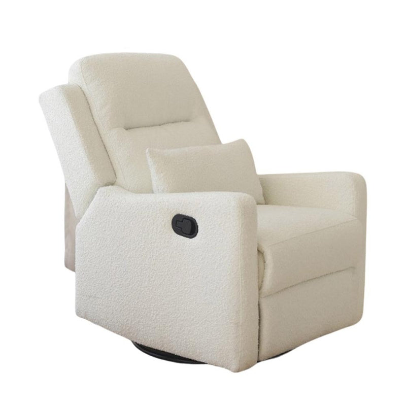 The Cocoon Rio Vanilla Boucle by Cocoon is a modern, cream-colored glider recliner with ergonomic support, plush boucle upholstery, a matching lumbar pillow, and a side lever for adjusting the recline.