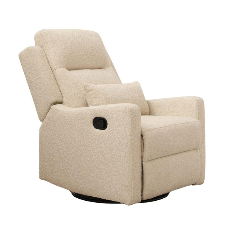 The Cocoon Rio Sandstone Boucle by Cocoon is a beige glider recliner chair with soft textured boucle fabric, padded armrests, adjustable backrest, and matching cushion—perfect as a cozy breastfeeding chair.