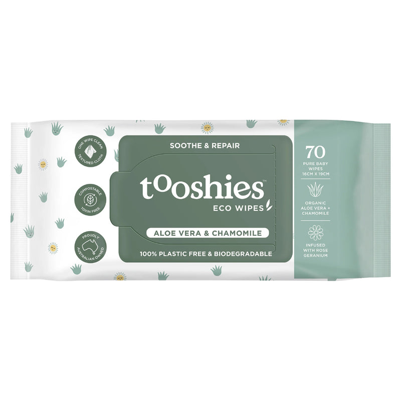 Tooshies Eco Wipes Aloe Vera & Chamomile 70pk come in green and white packaging, are hypoallergenic, 100% plastic free, biodegradable, and ideal for gentle baby care.