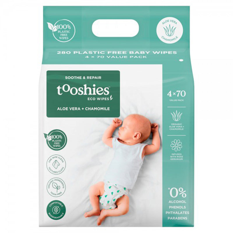 A 280-pack of Tooshies Eco Wipes Aloe Vera & Chamomile features "100% plastic free," "aloe vera + chamomile," and "0% alcohol, phenols, phthalates, parabens" on the packaging. Brand: Tooshies.
