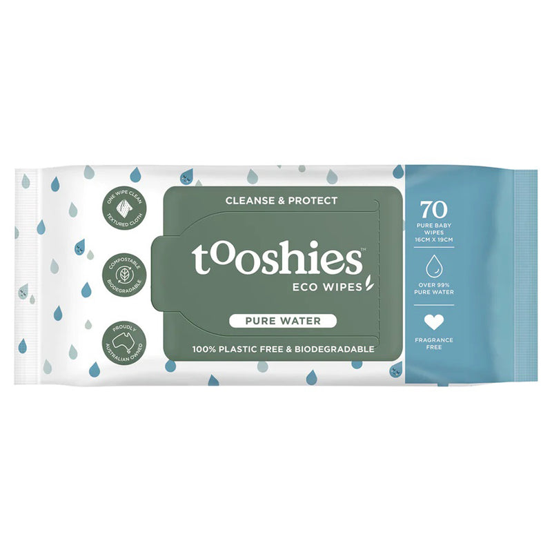 Tooshies Eco Pure Water Baby Wipes 70pk come in plastic-free, biodegradable white and green packaging with blue raindrops. These fragrance-free wipes are gentle on sensitive skin.