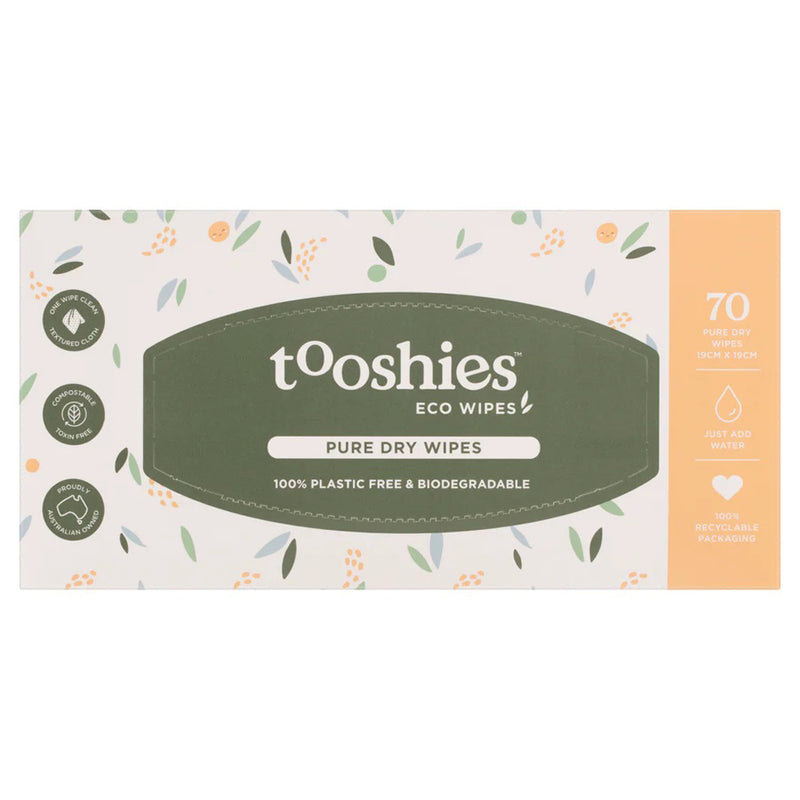 Tooshies Eco Dry Wipes 70pk by Tooshies are fragrance-free, 100% plastic-free biodegradable baby wipes in recyclable packaging with green and orange accents.