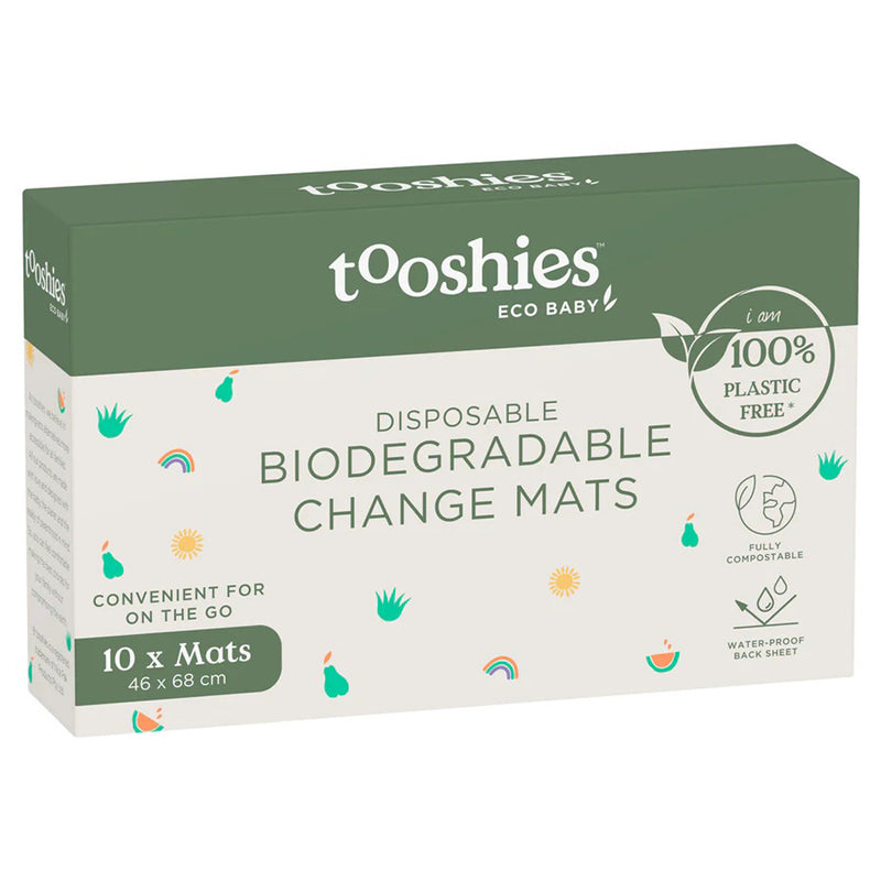 Tooshies Biodegradable Change Mats 10pk by Tooshies are plastic free, plant-based, fully compostable, and feature a water-proof back sheet. Each box contains 10 mats sized 46 x 68 cm.