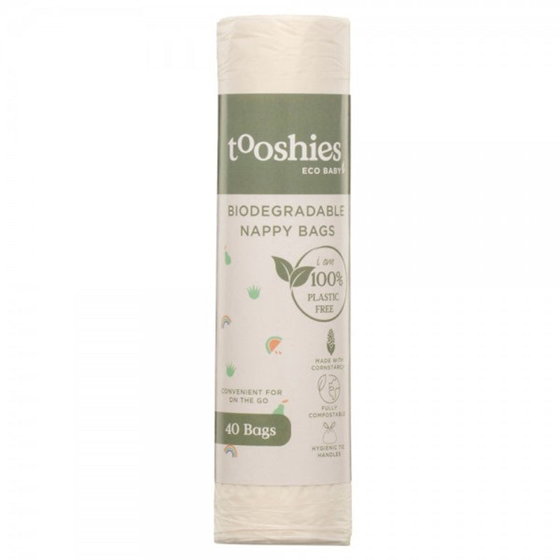 Tooshies Biodegradable Nappy Bags 40pk by Tooshies come in white, nature-themed packaging and are 100% plastic free, compostable, plant-based, and biodegradable.