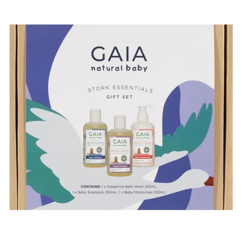 The Gaia Natural Baby Stork Essentials Set by Gaia includes gentle baby bath wash, shampoo, and moisturizer in charming packaging with a flying stork and product details on the box.