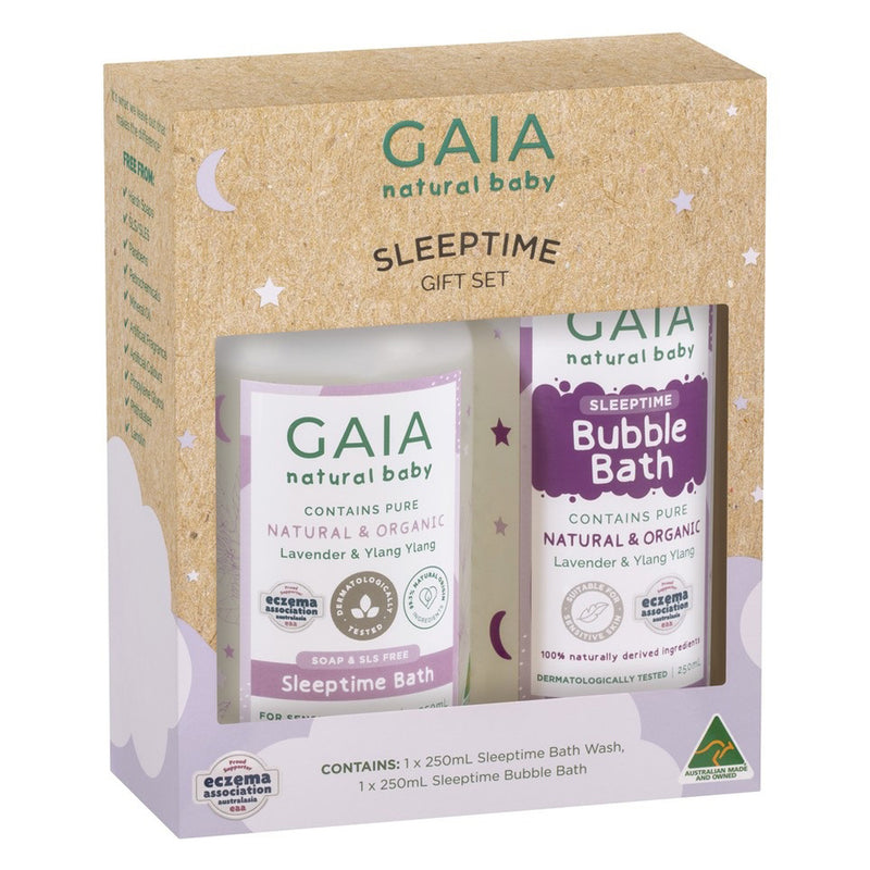 The Gaia Natural Baby Sleeptime Gift Set by Gaia features a 250ml Bath Wash and Bubble Bath with organic lavender and ylang ylang. Packaged in a beige starry box, it makes bedtime routines gentle and calming for your baby.