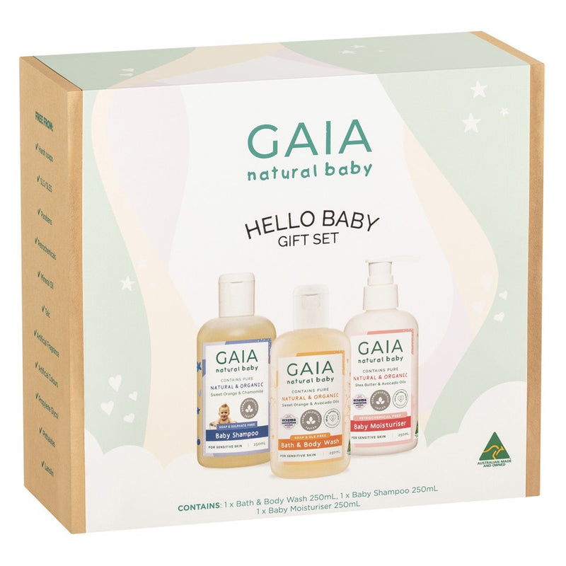 The Gaia Natural Baby Hello Baby Gift Set by Gaia features gentle bath products—shampoo, bath & body wash, moisturizer—for sensitive skin. Cream-colored packaging with green and pastel accents displays product details on the front.