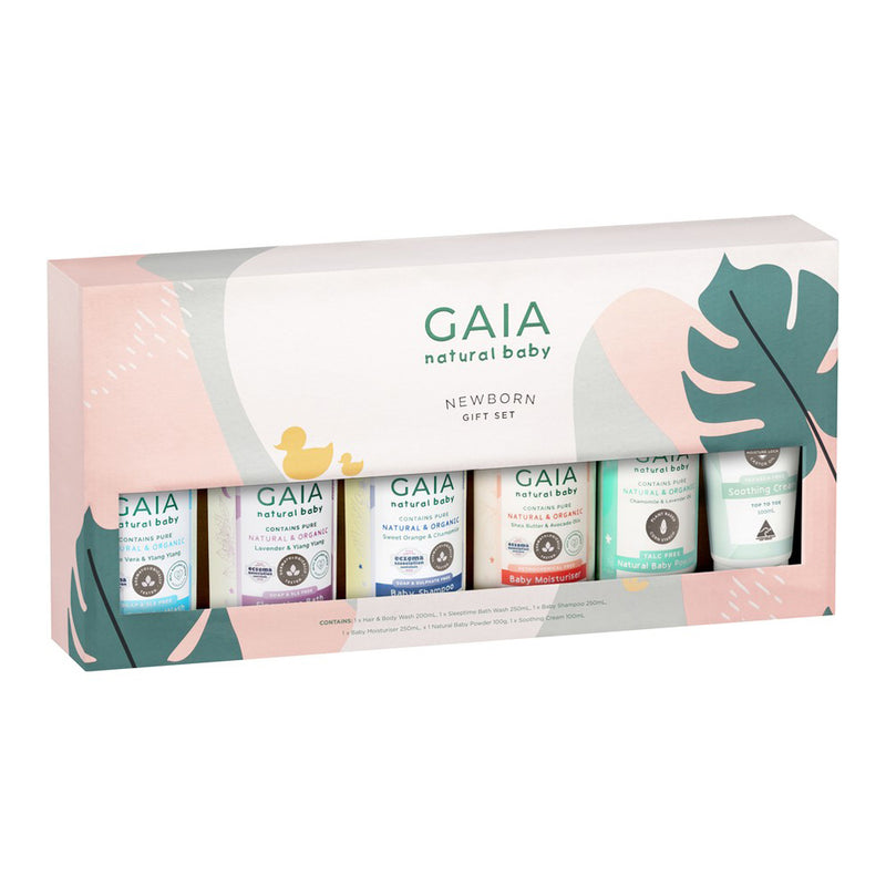 The Gaia Natural Baby Newborn Baby Set by Gaia comes in a pastel-colored box with leaves and abstract shapes, containing five bath products ideal for sensitive baby skin.