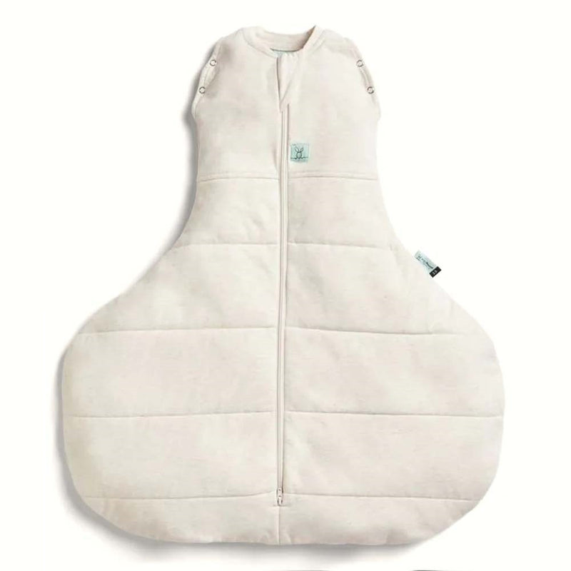 The ErgoPouch Hip Harness 2.5 Tog Cocoon Oatmeal Marle by ErgoPouch is a cream-colored, sleeveless baby sleep sack with a front zipper and shoulder snaps. Its quilted, soft fabric is designed as a hip dysplasia swaddle for safe and cozy sleep.