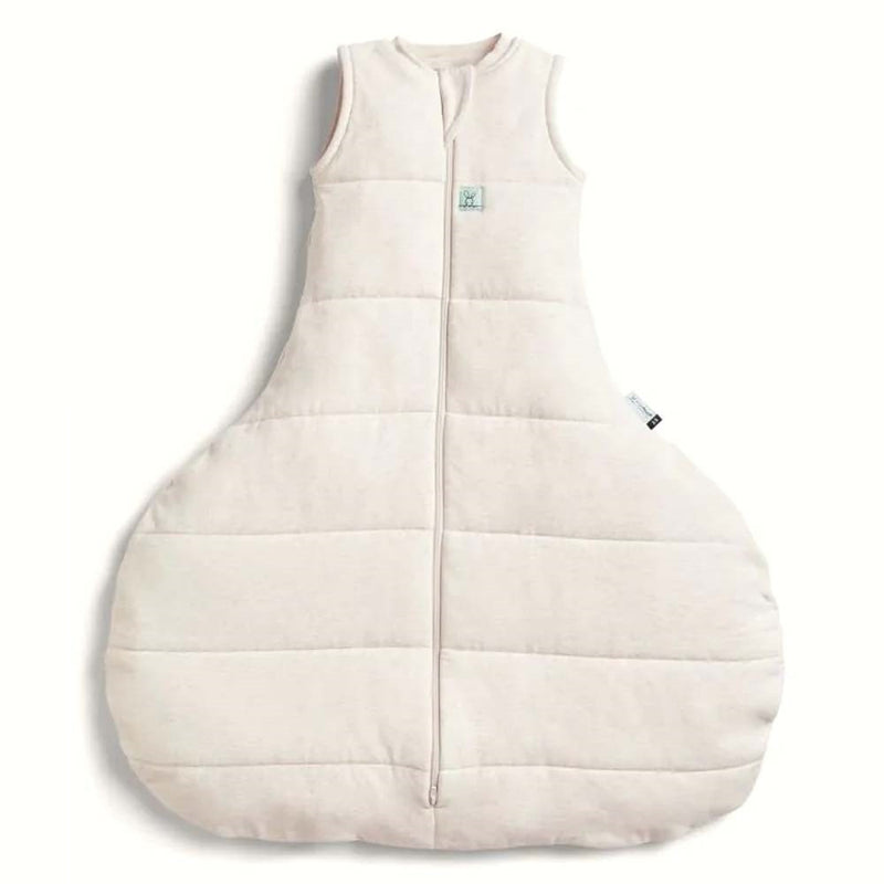 The ErgoPouch Hip Harness 2.5 Tog Sleeping Bag Oatmeal Marle is a cream-colored, sleeveless organic baby sleeping bag with a front zipper and wide, rounded bottom for hip movement from ErgoPouch, shown on a white background.