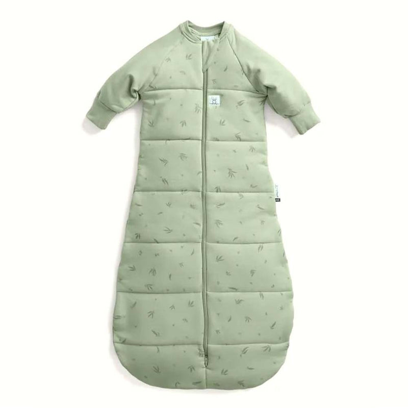 The ErgoPouch 2.5 Tog Sleeping Bag Willow by ErgoPouch is a light green, long-sleeved organic cotton baby sleeping bag with a quilted design, leaf prints, and a front zipper for safe and comfortable sleep.