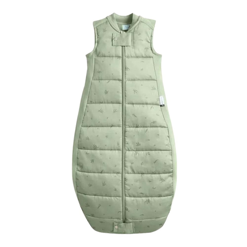 The ErgoPouch 2.5 Tog Sleeping Bag Willow by ErgoPouch is a light green, sleeveless organic cotton sleeping bag with quilted padding, front zipper, a top tab, and features a subtle tiny leaf pattern for cozy sleep.
