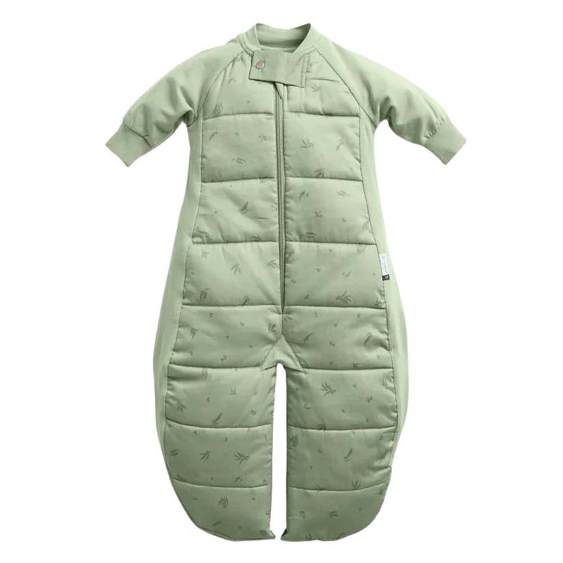 The ErgoPouch 2.5 Tog Sleep Suit Bag Willow by ErgoPouch is a light green, quilted organic cotton sleep suit with subtle leaf patterns, long sleeves and legs, front zipper, and soft padding to keep your little one warm and comfortable.