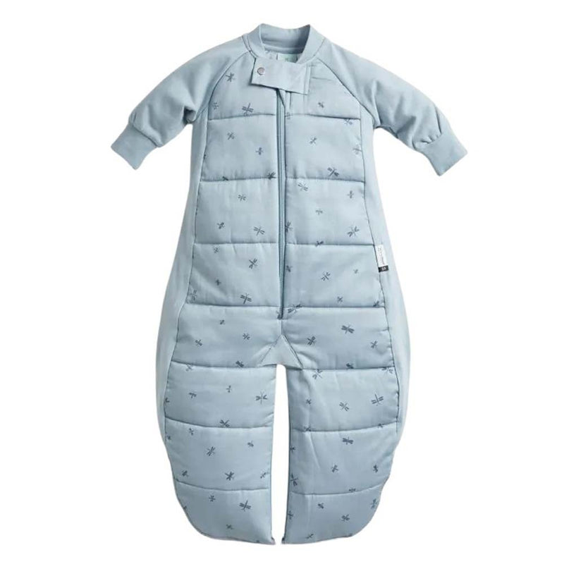 The ErgoPouch 2.5 Tog Sleep Suit Bag Dragonflies by ErgoPouch is a light blue sleep suit with legs, made from soft fabric. It features long sleeves, a front zipper, and playful dragonfly patterns for comfort and easy movement.