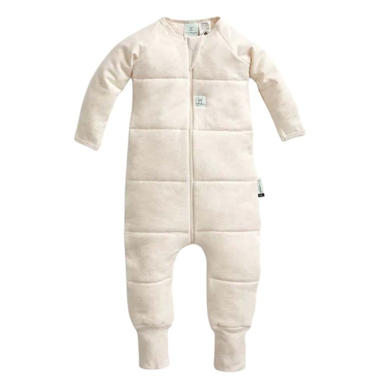 The ErgoPouch 3.5 Tog Sleep Onesie Oatmeal Marle is a cream long-sleeve, quilted, footless organic cotton sleepwear with a front zipper, offering a cozy sleeping bag alternative. Shown on a plain white background.