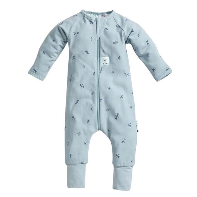 The ErgoPouch 1.0 Tog Layers Onesie Dragonflies by ErgoPouch is a light blue, long-sleeve organic bodysuit with legs, front zipper, and an all-over dragonfly print—perfect for keeping your baby cozy and comfortable.