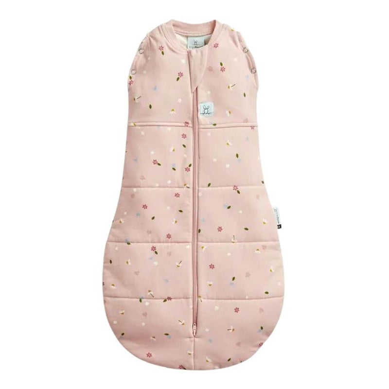 The ErgoPouch 2.5 Tog Cocoon Swaddle Daisies by ErgoPouch is a pink, sleeveless sleep sack with a front zipper and colorful daisy patterns, designed for comfort and safety with its TOG rating.