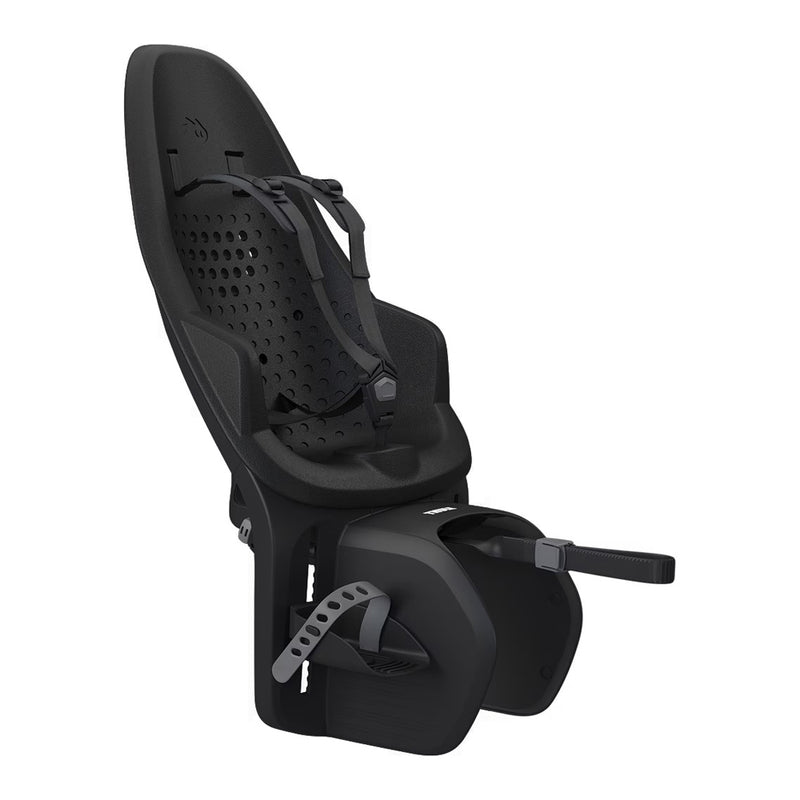 The Thule Yepp 2 Maxi Rack Mount Black by Thule is a rear-mounted child bike seat featuring adjustable footrests, a perforated backrest, and an adjustable safety harness for safe and comfortable rides.