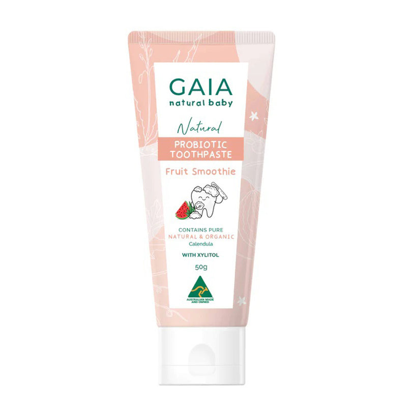 Gaia Natural Baby Probiotic Toothpaste Fruit Smoothie 50g is a gentle, fluoride-free kids' toothpaste. The tube features a pink and white design with fruit illustrations and has a green Australian Made logo at the bottom.