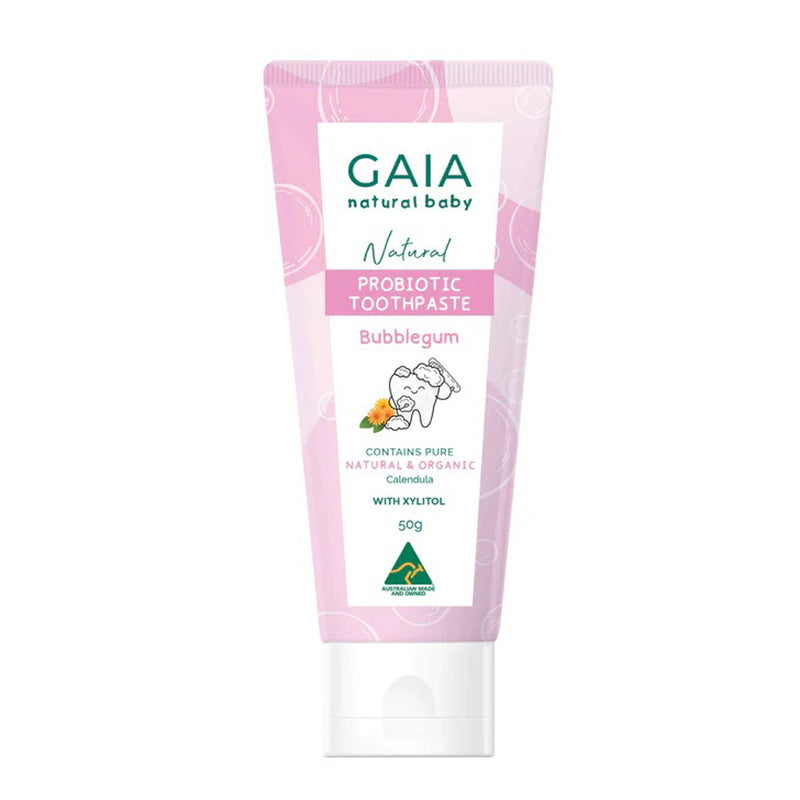 A 50g tube of Gaia Natural Baby Probiotic Toothpaste Bubblegum, fluoride free and formulated with calendula and xylitol. The white and pink packaging features a yellow flower image. Brand: Gaia.