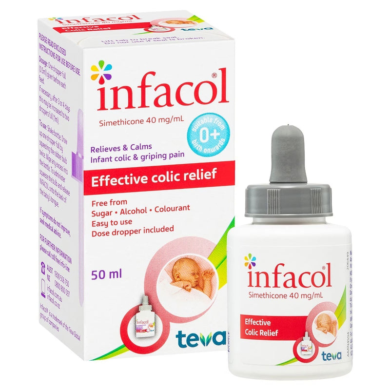 A box and bottle of Infacol Wind Drops 50ml, an infant colic relief from Infacol. The packaging shows a baby and highlights benefits like calming colic, sugar-free formula, and an included dropper.