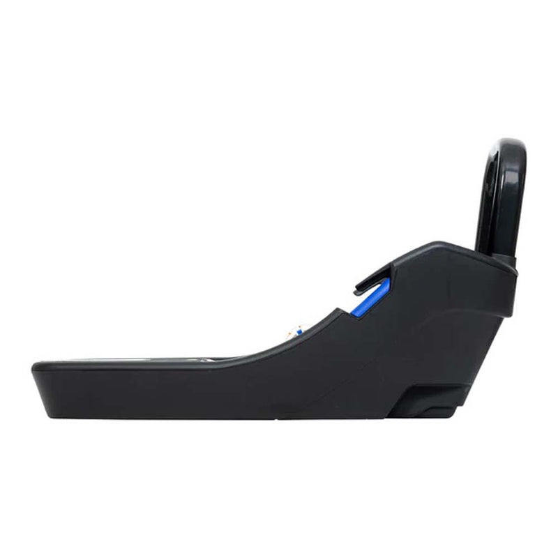 Side view of the Britax Safe-N-Sound Baby Capsule Base With Clicktight For B-Pod, showing a right-side handle and top blue release lever, designed for easy infant capsule installation with ClickTight technology.