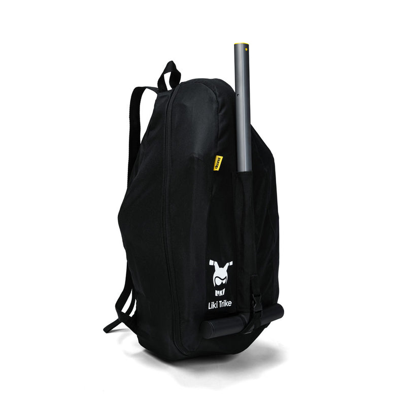 The Doona Liki Travel Bag by Doona is a black trike travel bag with adjustable straps, crafted from durable ripstop fabric. It features a white Liki Trike logo on the front and has a side pocket where a silver handlebar fits partially.