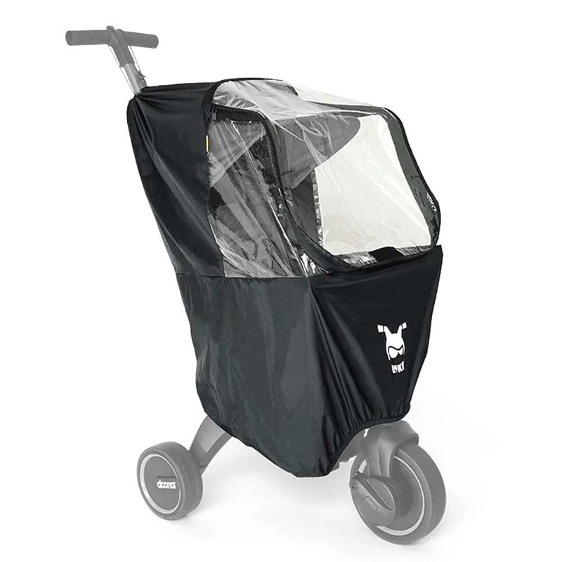 The Doona Liki Rain Cover by Doona is a transparent stroller accessory with a white dog logo on the front, shielding the seat area from rain and wind, and can also be used as a child trike cover.