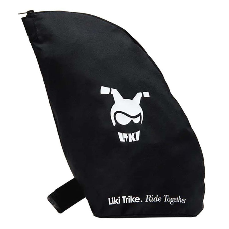 The Doona Liki Premium Storage Bag by Doona is a black bag with a white cartoon face logo and "Liki Trike. Ride Together" text, featuring a zipper, quick-release connectors, and a bottom strap for easy carrying.