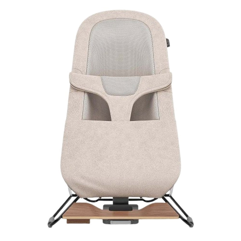 The UPPAbaby Mira 2 In 1 Bouncer & Seat features a mesh backrest, soft fabric, supportive harness, wooden base, and front-facing design—an ideal portable baby seat by UPPAbaby for comfort and convenience.