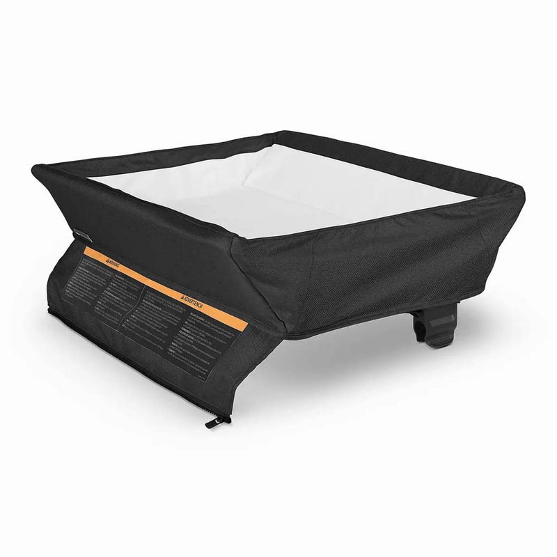 A large black fabric collection bag with open top, sturdy frame, and attached label—ideal for outdoor power equipment like mowers or leaf vacuums, as practical as the UPPAbaby Remi Travel Cot Changing Station for quick diaper changes.