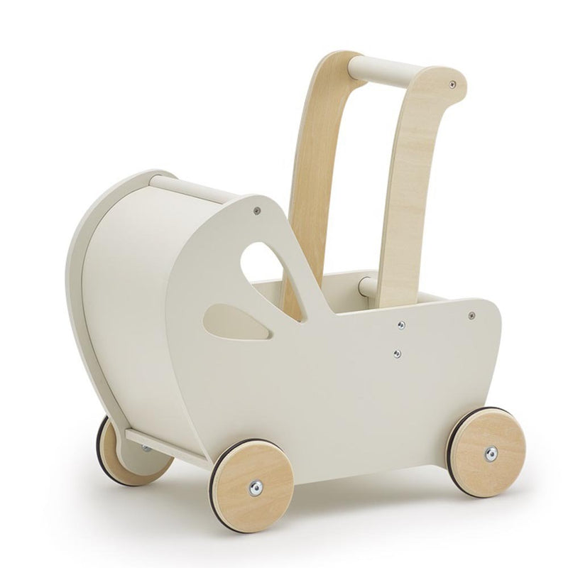 The Moover Toys Essentials Dolls Pram Off White by Moover is a minimalist children’s toy pram featuring curved handles and four natural wood wheels in a cream color.