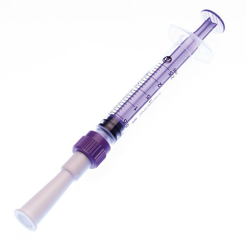 The Milkco Colostrum Collector by Milkco is a clear plastic syringe with purple accents, a measured scale, and a white capped tip—ideal for colostrum collection or as an enteral syringe.