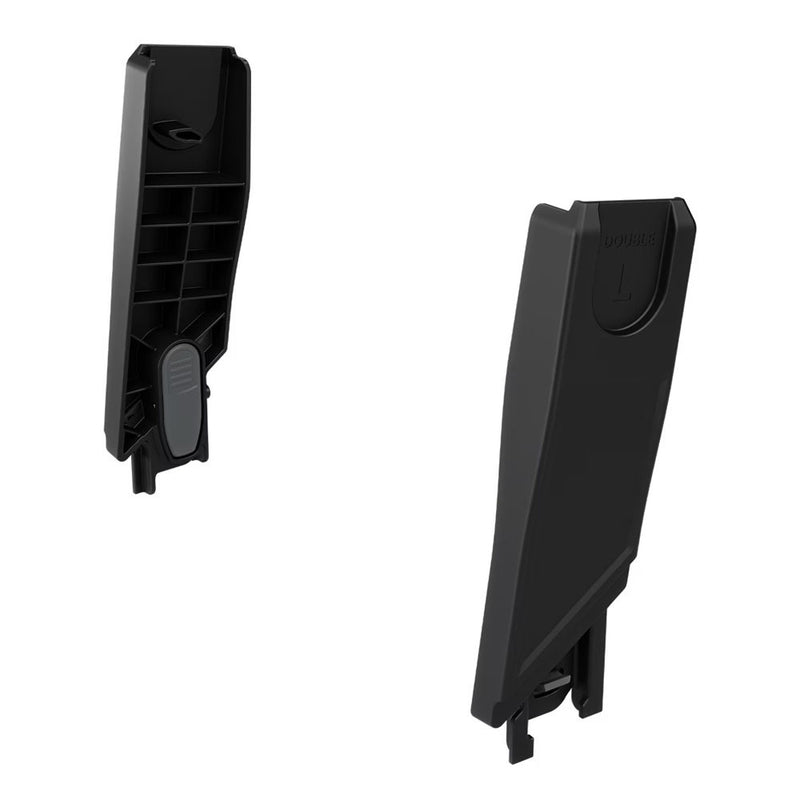 Two black, rectangular plastic fins with grooves and tabs, compatible with the Thule Urban Glide 3 Double Maxi-Cosi Car Seat Adapter by Thule; shown from various angles against a white background.