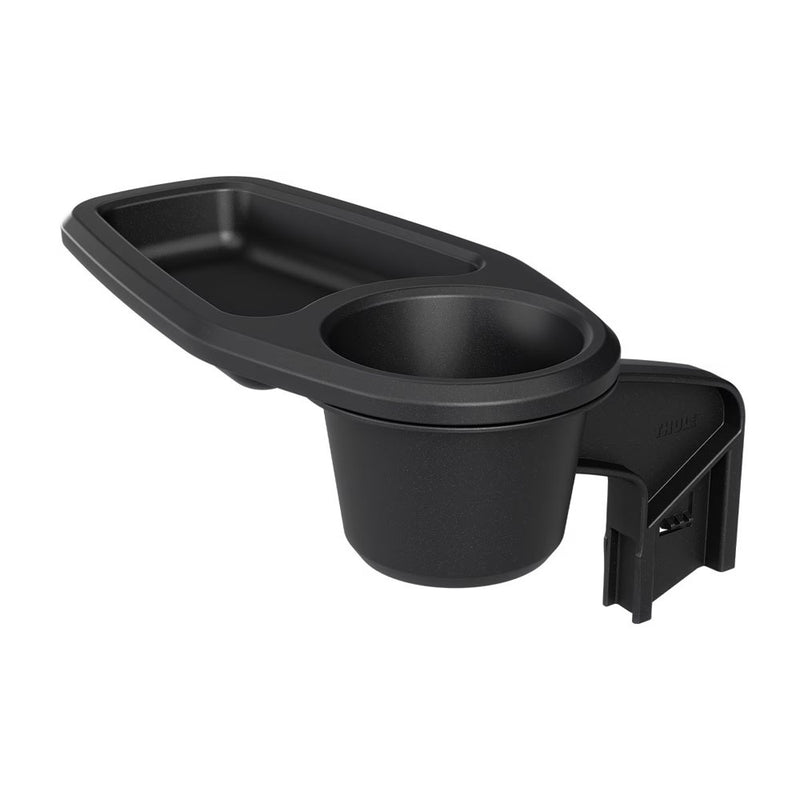 The Thule Urban Glide 3 Snack Tray by Thule is a black plastic stroller tray with an attached cup holder and clamp, designed to hold drinks and snacks for children. Compatible as a child drink holder. Isolated on a white background.