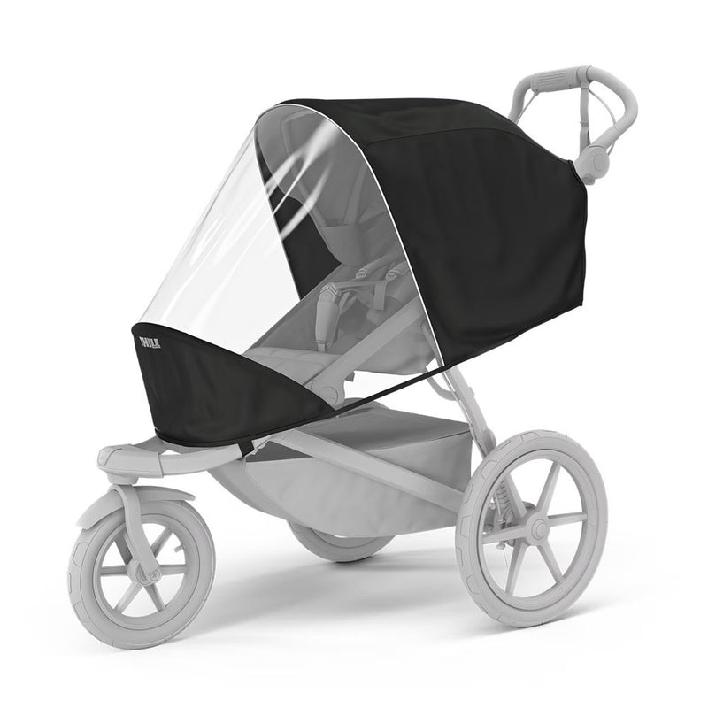 The Thule Urban Glide 3 Single Rain Cover by Thule fits over a three-wheeled jogging stroller, shielding the seat area from weather while leaving the handle and wheels exposed.