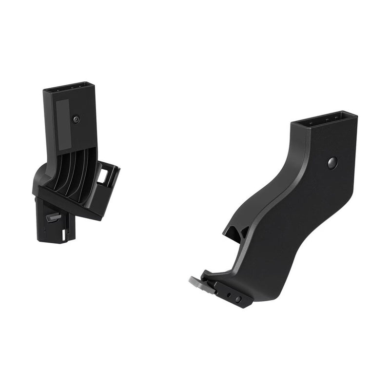 Two black plastic adapters with curved and angled shapes, the Thule Urban Glide 3 Double Bassinet Adapter by Thule, designed for the Urban Glide 3 Double stroller, shown against a white background.