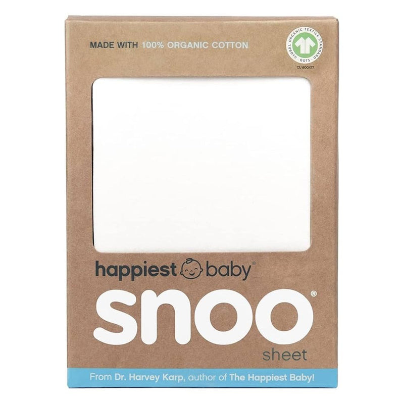 A rectangular brown box labeled "Happiest Baby" contains a white Snoo 100% Organic Cotton Baby Bassinet Fitted Sheet. The package features a clear window, certification info, and is designed for the SNOO Smart Sleeper.