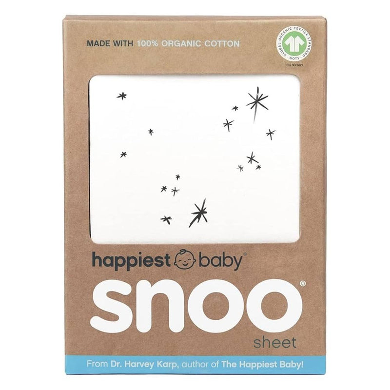 A brown cardboard box displays the Happiest Baby Snoo 100% Organic Cotton Baby Bassinet Fitted Sheet in White Star, with black stars and a certification logo in the top right corner.