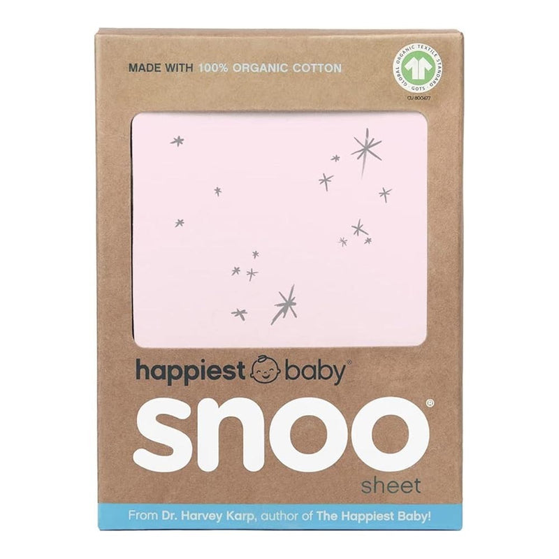 A brown box labeled "Happiest Baby Snoo 100% Organic Cotton Baby Bassinet Fitted Sheet Pink Star" displays a pink sheet with gray stars for SNOO Smart Sleeper bassinets, made from 100% organic cotton.