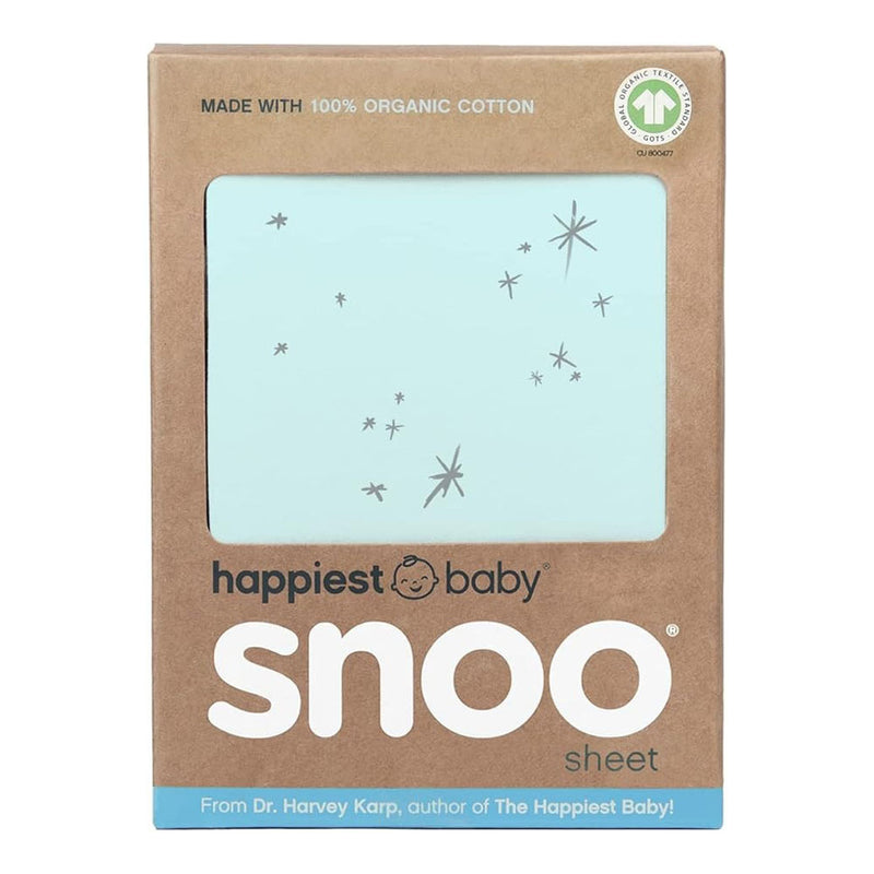 The Happiest Baby Snoo 100% Organic Cotton Baby Bassinet Fitted Sheet Blue Star comes in brown packaging with a clear window displaying the star-patterned blue sheet, designed for the SNOO Smart Sleeper, and features a green certification logo on the top right.