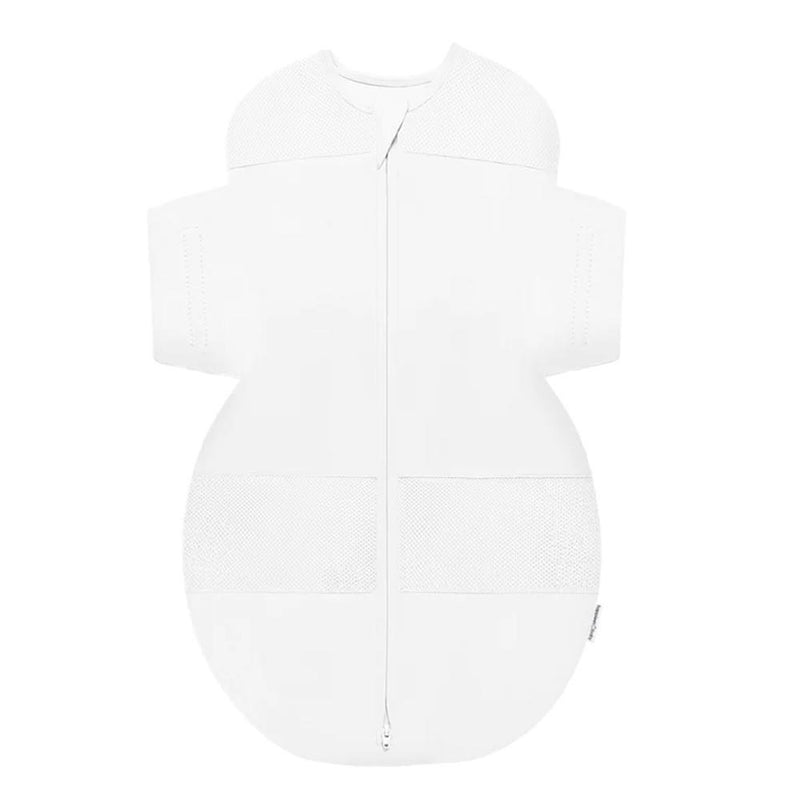 The Happiest Baby Snoo 100% Organic Sleep Sack in white features a center zipper, short arm sections, and mesh chest and leg panels for comfort and sleep safety, shown on a plain white background.