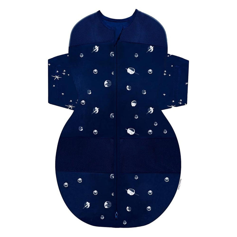 The Happiest Baby Snoo 100% Organic Sleep Sack in Navy Planet features a zippered front, white planet and star pattern, and outstretched wings with a rounded bottom for baby safety, inspired by the SNOO Sleep Sack’s comfort.
