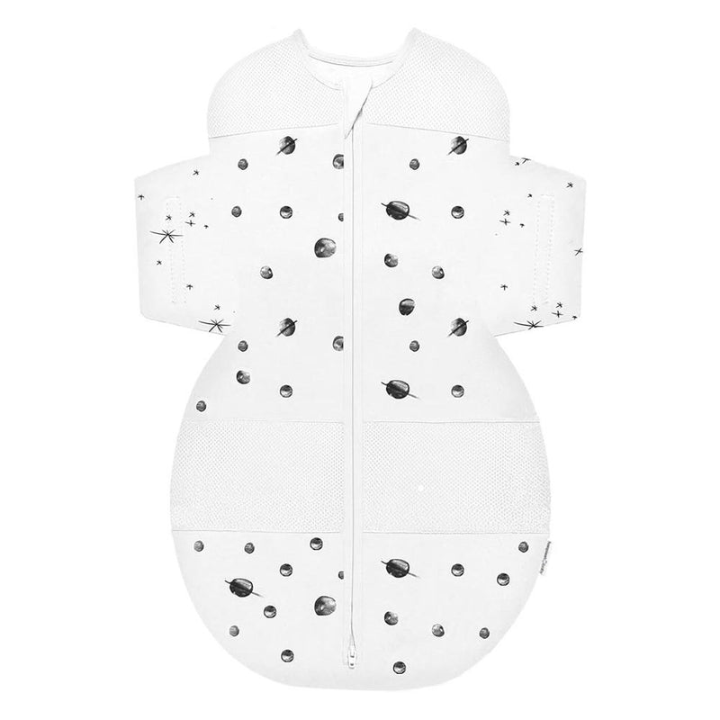 The Happiest Baby Snoo 100% Organic Sleep Sack White Planet features a front zipper, mesh panels, wide arm sections, and a rounded bottom with a black planets and stars pattern for safe, comfortable infant sleep.