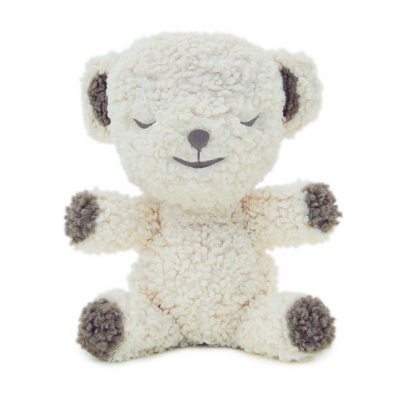 The Happiest Baby Snoobear Cream Wooly is a plush teddy bear with cream-colored, curly fur and dark brown accents. Sitting upright, it serves as a comforting white noise machine and baby sleep aid on a white background.