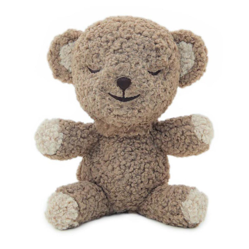 The Snoobear Cocoa Wooly by Happiest Baby is a plush teddy bear with a curly brown body, cream paws and snout, closed eyes, and a gentle smile—an adorable sleep aid that helps babies enjoy peaceful nights.