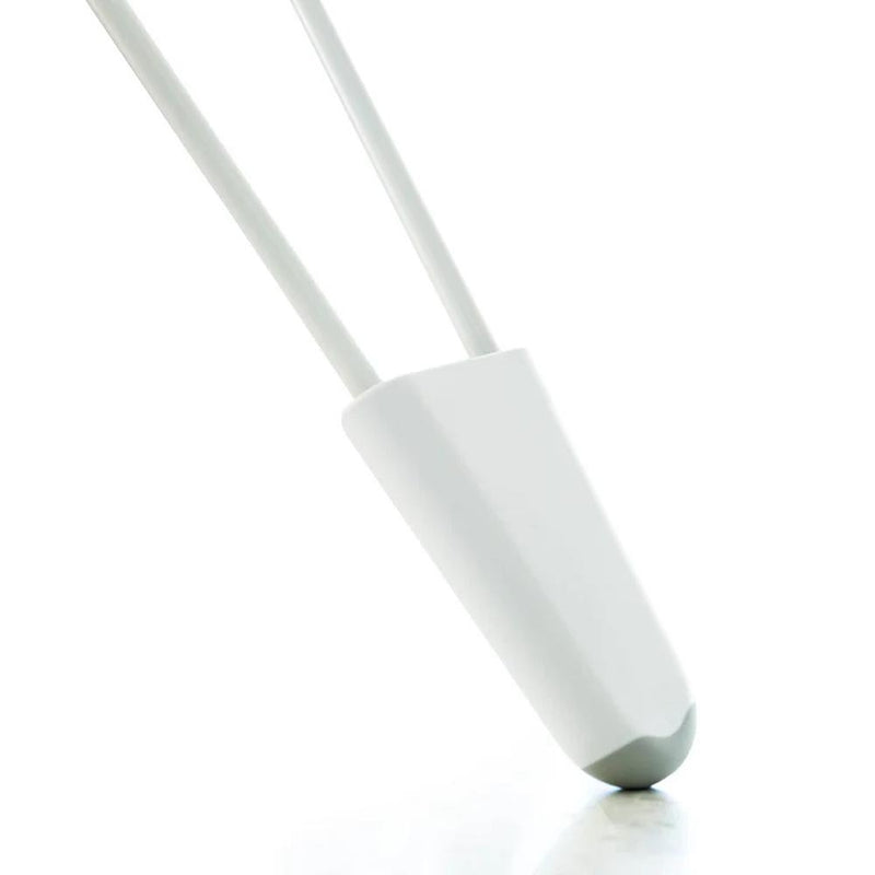 Close-up of Happiest Baby Snoo Leg Lifters—a sleek, white accessory with two thin rods and an angled base—designed for safe bassinet elevation. Minimalist and modern, set against a bright white background.