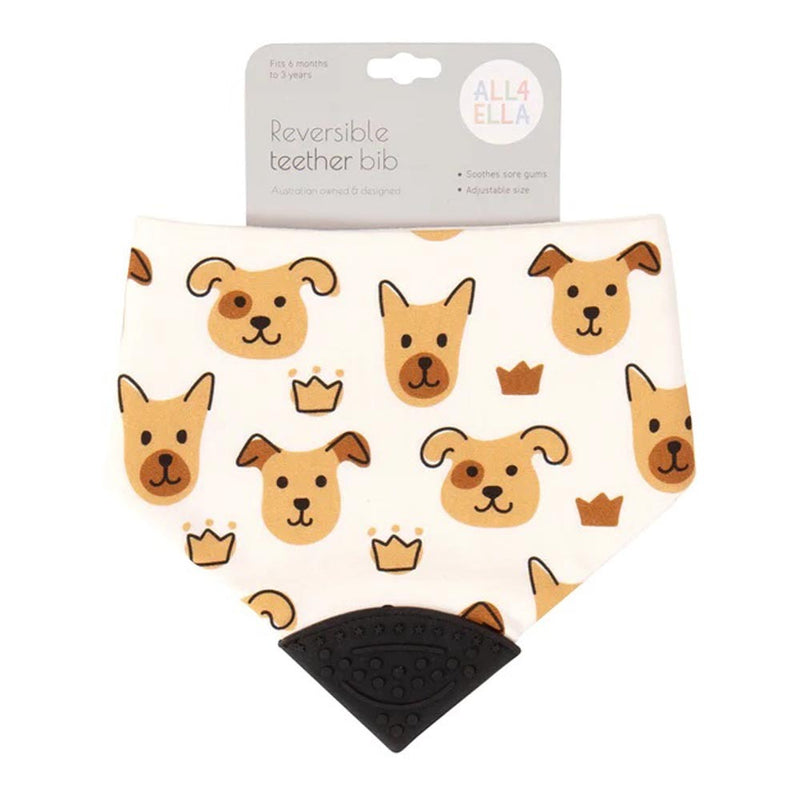 The All4Ella Bandana Bib With Silicone Puppies is a cream, 100% cotton reversible bib with cartoon dog faces and crowns, plus a black silicone teething corner. Suitable for ages 6 months to 3 years. Text on packaging: "ALL4ELLA Reversible teether bib.
